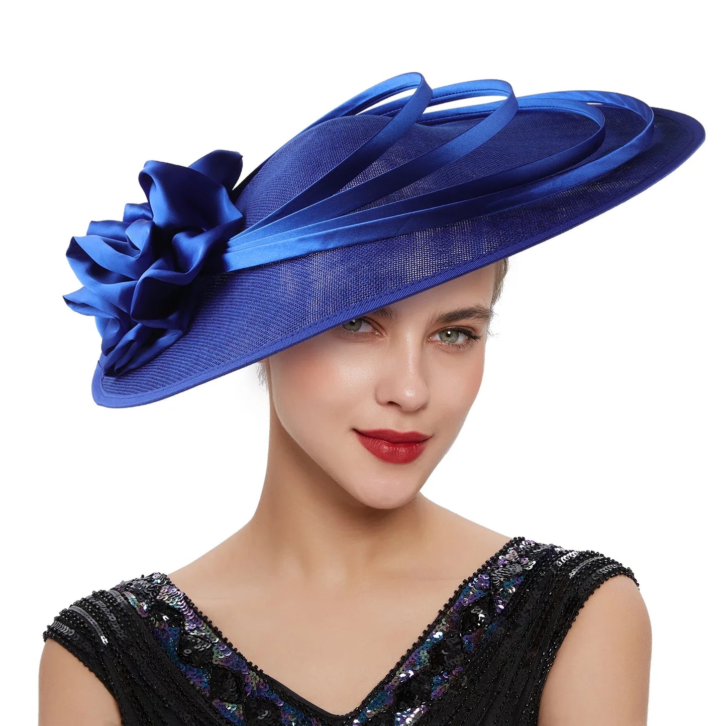 Luxury elegant sinamay fascinator hat in striking blue, designed for women attending weddings, derbies, and church events.