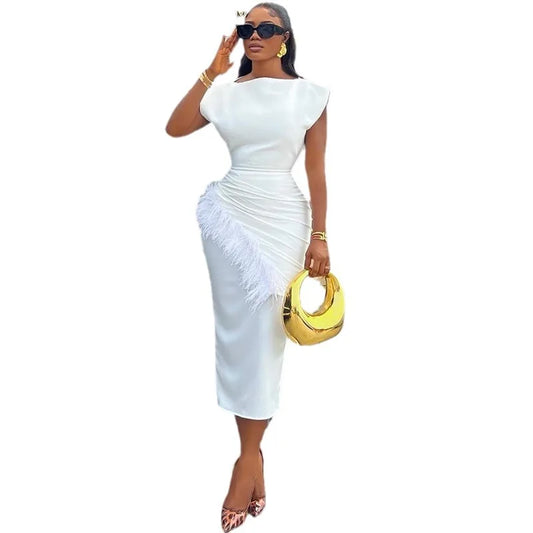 Elegant Women's Ankle Length Office Lady Dress featuring O Neck Pullover design and exquisite Feather Detail, crafted from high-quality polyester for a sophisticated slim fit silhouette, perfect for summer occasions.