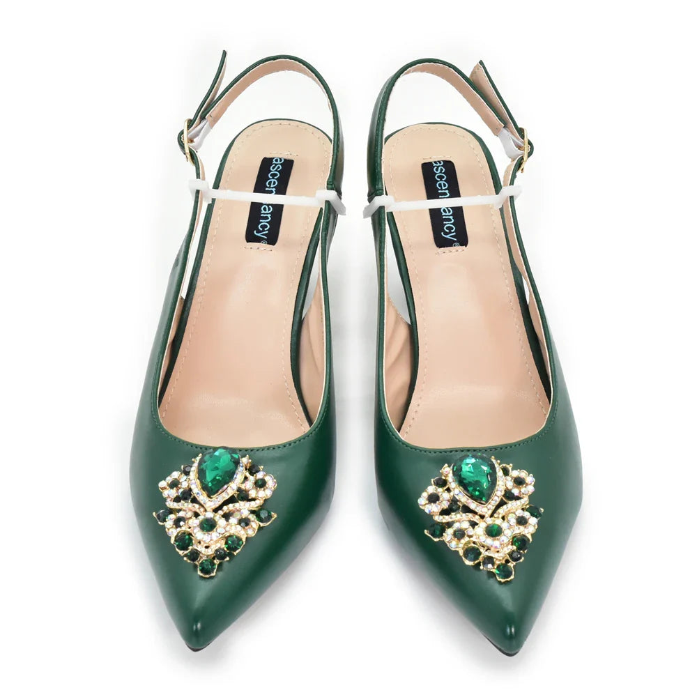 Chic matching handbag and heeled pumps set for women, featuring exquisite crystal details and a fashionable design, perfect for special occasions.