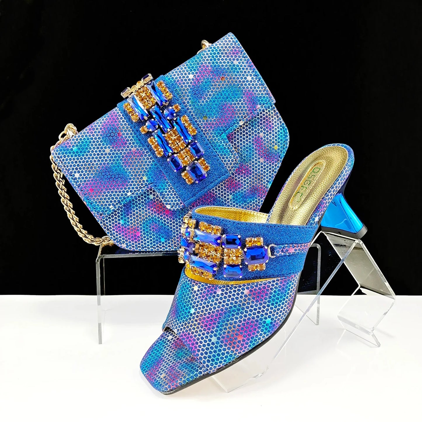 Sophisticated QSGFC women's high heel pumps paired with matching gold handbag, ideal for parties, crafted from high-quality synthetic materials.