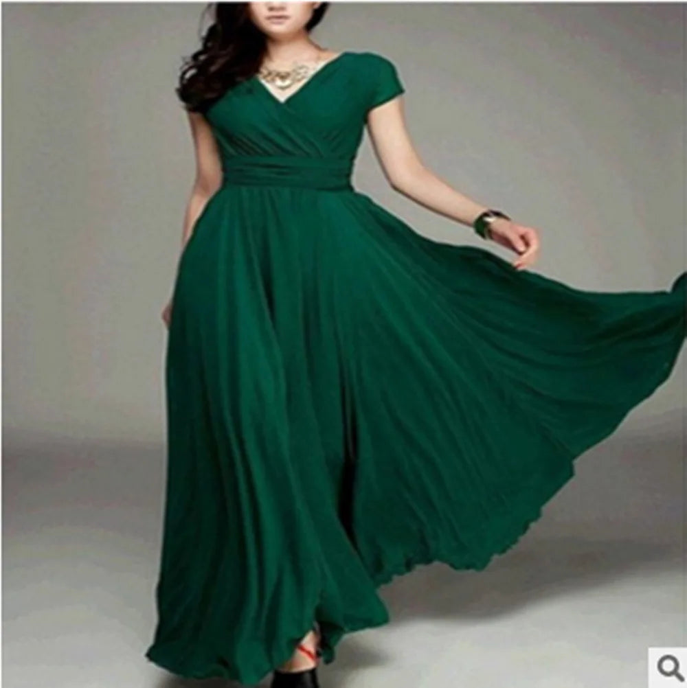Short sleeve V-Neck Chiffon Dress exuding elegance, crafted from high-quality polyester, ideal for casual and formal events.
