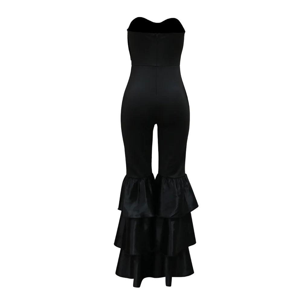 Elegant strapless jumpsuit for women featuring ruffled patchwork design, perfect for high street fashion.
