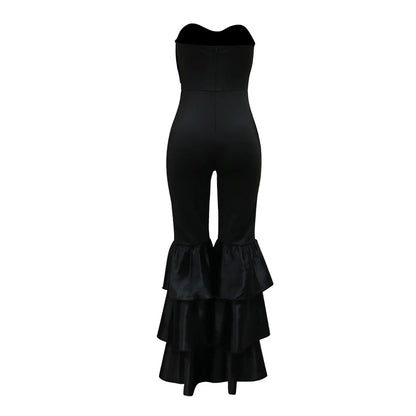 Elegant strapless jumpsuit for women featuring ruffled patchwork design, perfect for high street fashion.