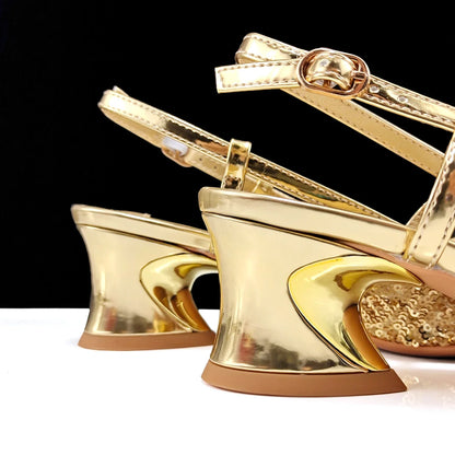 High-heeled QSGFC wedding pumps in gold, crafted with a pointed toe and ankle strap for a sophisticated presence.