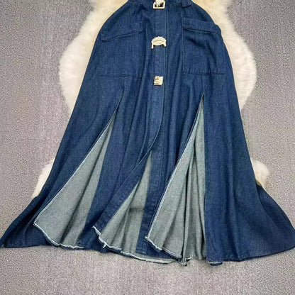 Chic women's denim dress displayed on a mannequin showcasing its elegant mid-calf length and graceful A-line silhouette, embodying casual luxury for middle-aged fashion enthusiasts.