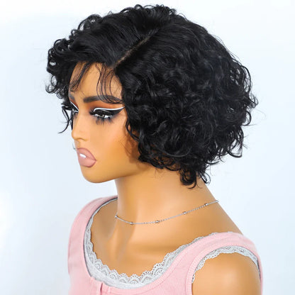Stylish short wavy pixie cut wig displayed on a mannequin, highlighting its vibrant waves and high-quality human hair.