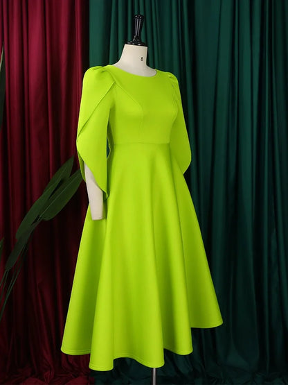 Stylish shoulder view of the Wmstar Women's A-Line Dress, featuring three-quarter sleeves and a refined O-neck design, tailored for elegance and comfort.