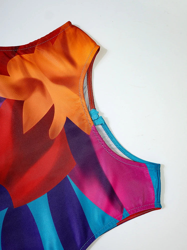 Close-up of luxurious floral patterns on sleeveless A-line tank dress designed for women, showcasing premium polyester fabric.