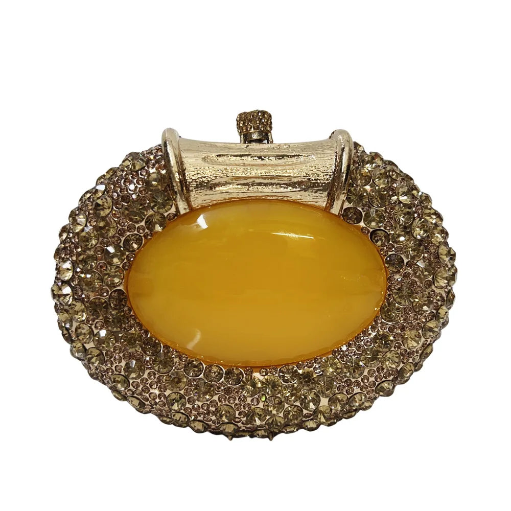 Luxury women's metallic clutch bag adorned with sparkling crystals, ideal for elegant evening outings and parties.