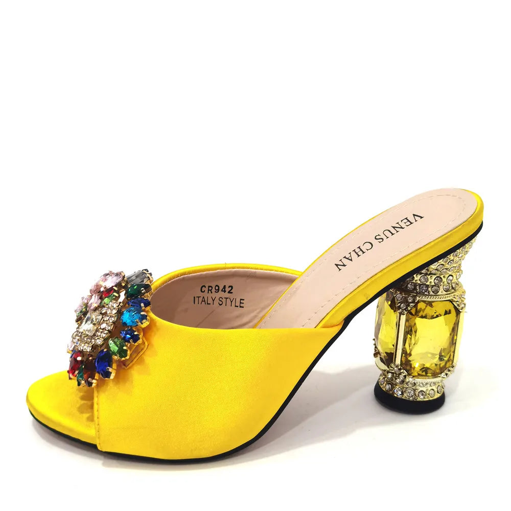 Sophisticated ensemble of yellow stiletto heels paired with a chic evening bag, embodying elegance and style for weddings and parties.