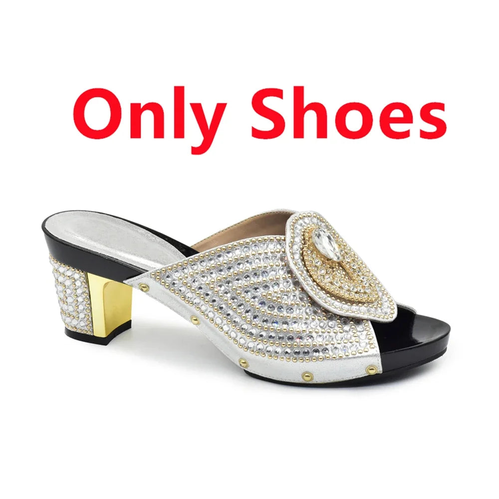 Collection of colours available in the Italian ladies' rhinestone shoe and bag set, showcasing black, gold, blue, green, silver, and red options.