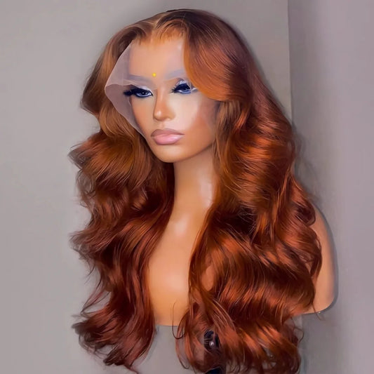 Luxury 26 inch reddish brown lace front wig featuring HD transparent glueless Brazilian body wave, perfect for enhancing your natural beauty.