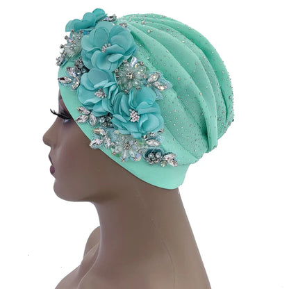 Elegant African Turban Cap adorned with sparkling rhinestone accents, perfect head wrap for women, size 56-58cm.
