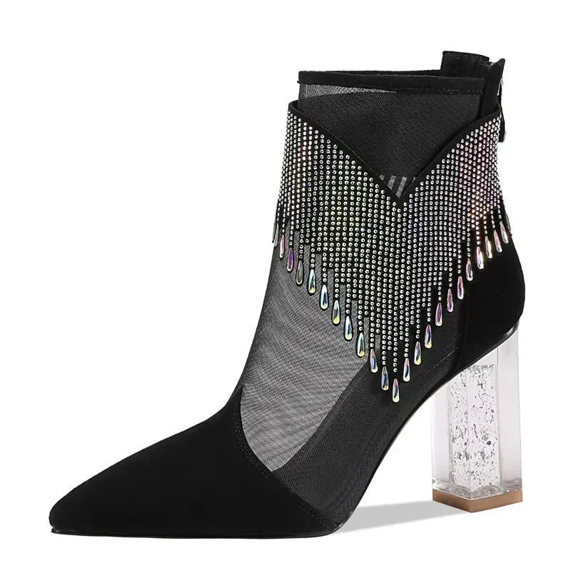 Stylish women's high heel dance boots with exquisite rhinestones and chic tassel details, perfect for parties and special occasions, crafted with a luxurious satin upper.