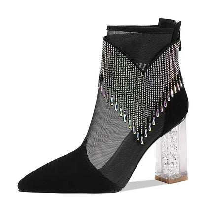 Stylish women's high heel dance boots with exquisite rhinestones and chic tassel details, perfect for parties and special occasions, crafted with a luxurious satin upper.