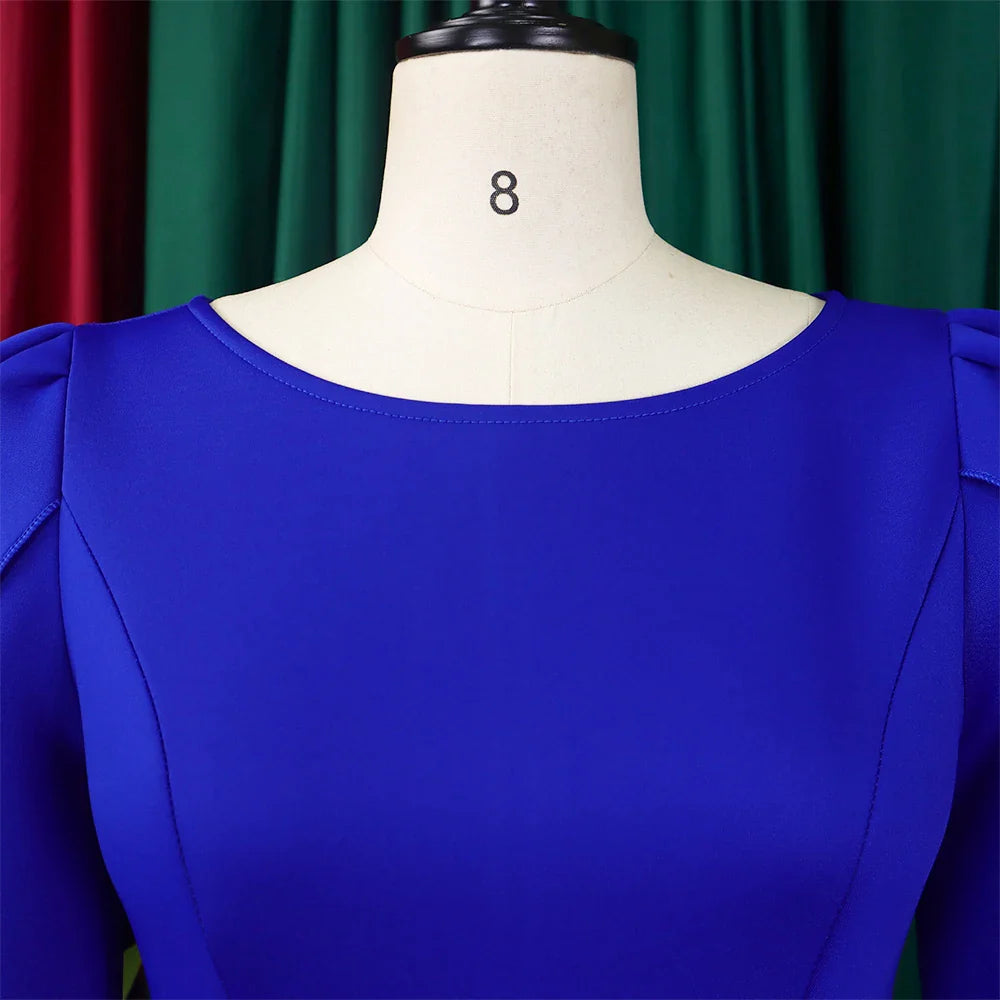 Elegant women’s luxury pleated mid-calf dress in solid fabric, featuring a round neck and half sleeves, perfect for classy occasions.