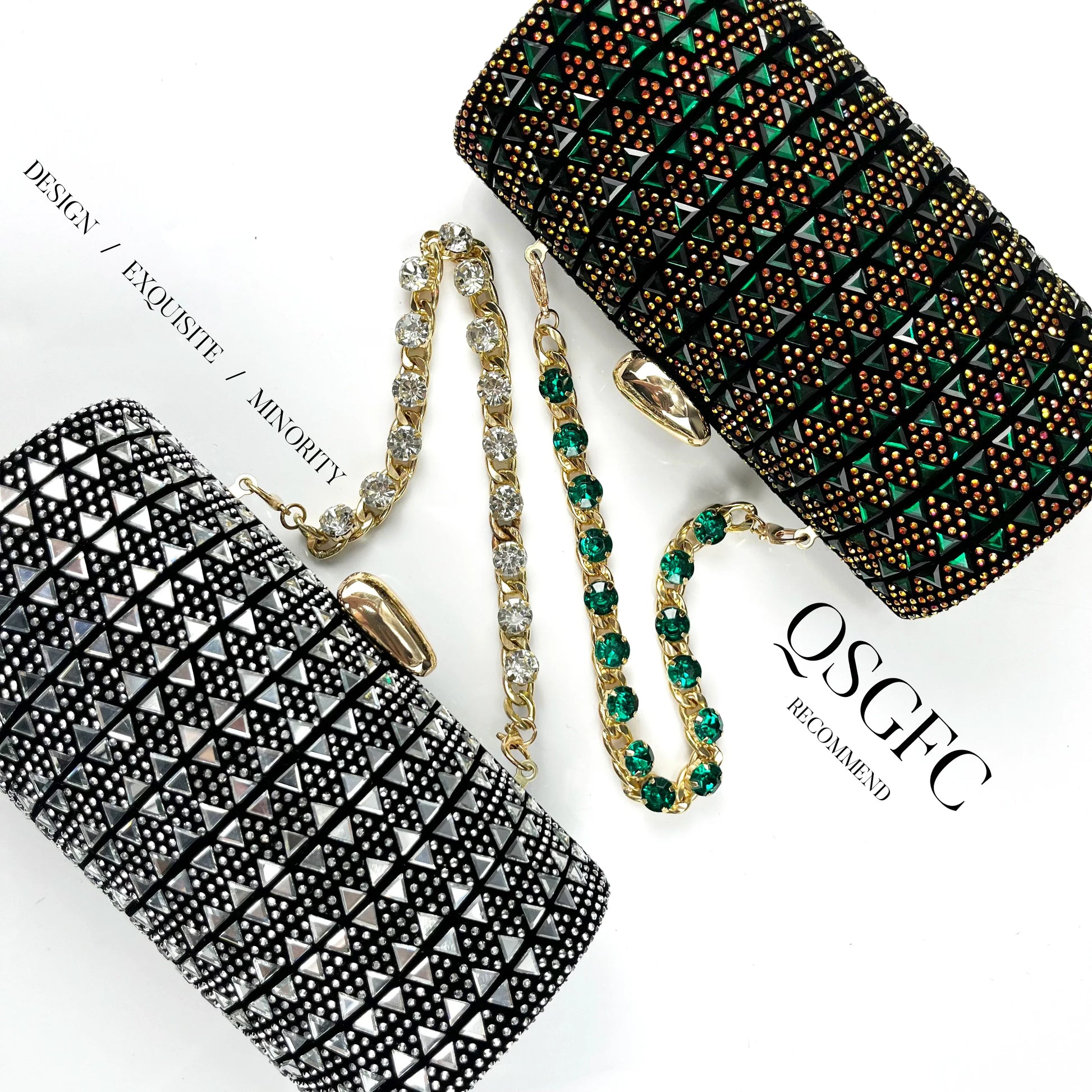 Fashionable QSGFC rhinestone handbag complementing luxury fuchsia high heels, perfect for special occasions.