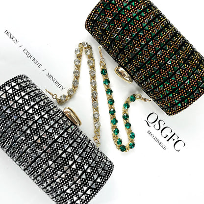 Fashionable QSGFC rhinestone handbag complementing luxury fuchsia high heels, perfect for special occasions.