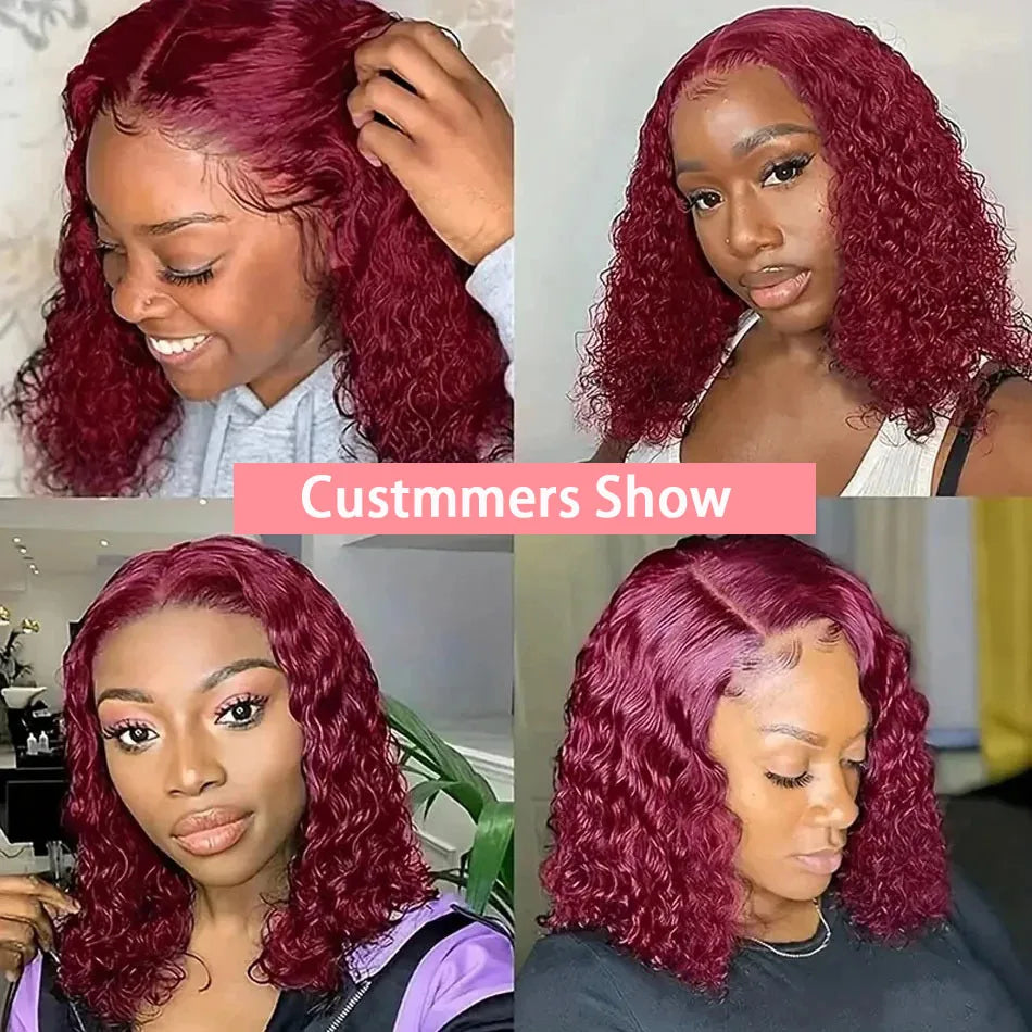Chic and vibrant 99J Red curly lace front bob wig, made from premium Remy Brazilian hair, ideal for a stylish and glamorous look.