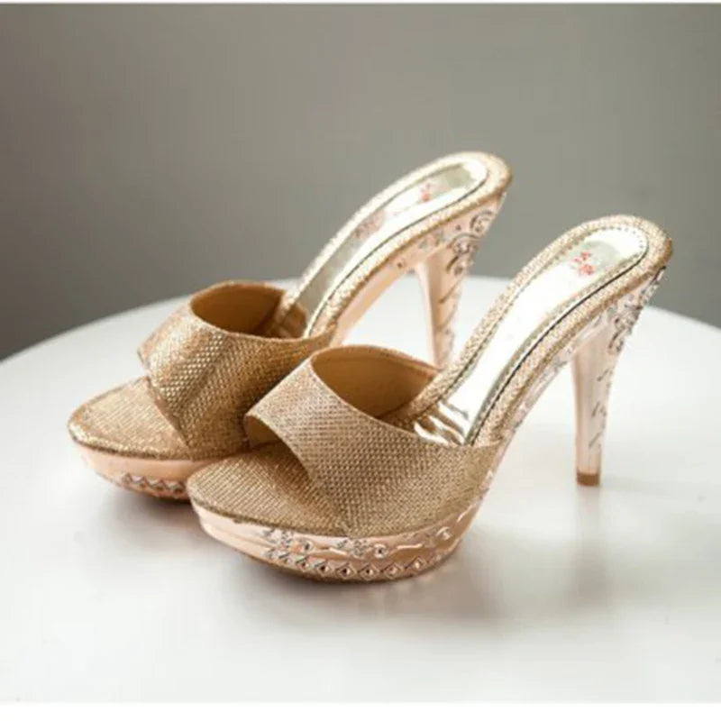 Refined women’s rhinestone sandals with a sophisticated look, featuring high spike heels and a stylish open back for a graceful silhouette.