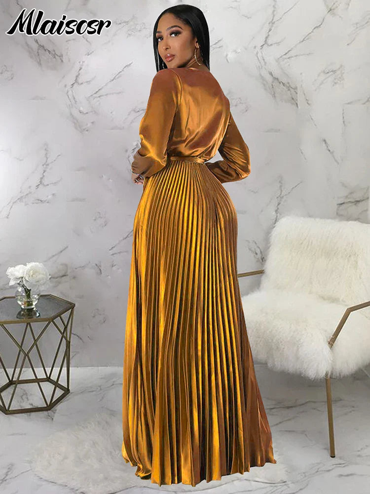 Model wearing Mlaiscsr Women's Elegant Lantern Sleeve Dress in a charming outdoor setting, exemplifying elegance and luxury for special occasions.