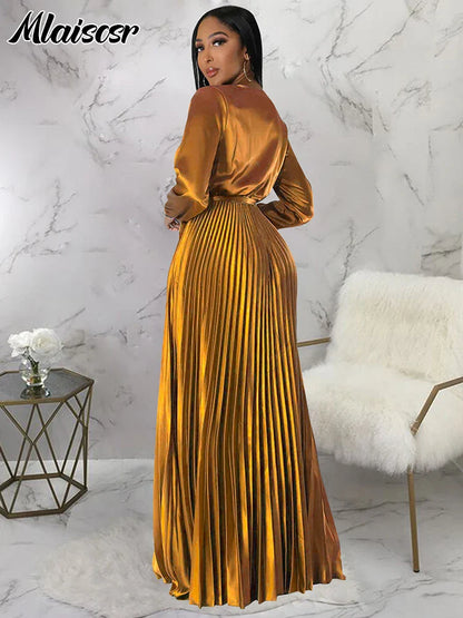 Model wearing Mlaiscsr Women's Elegant Lantern Sleeve Dress in a charming outdoor setting, exemplifying elegance and luxury for special occasions.