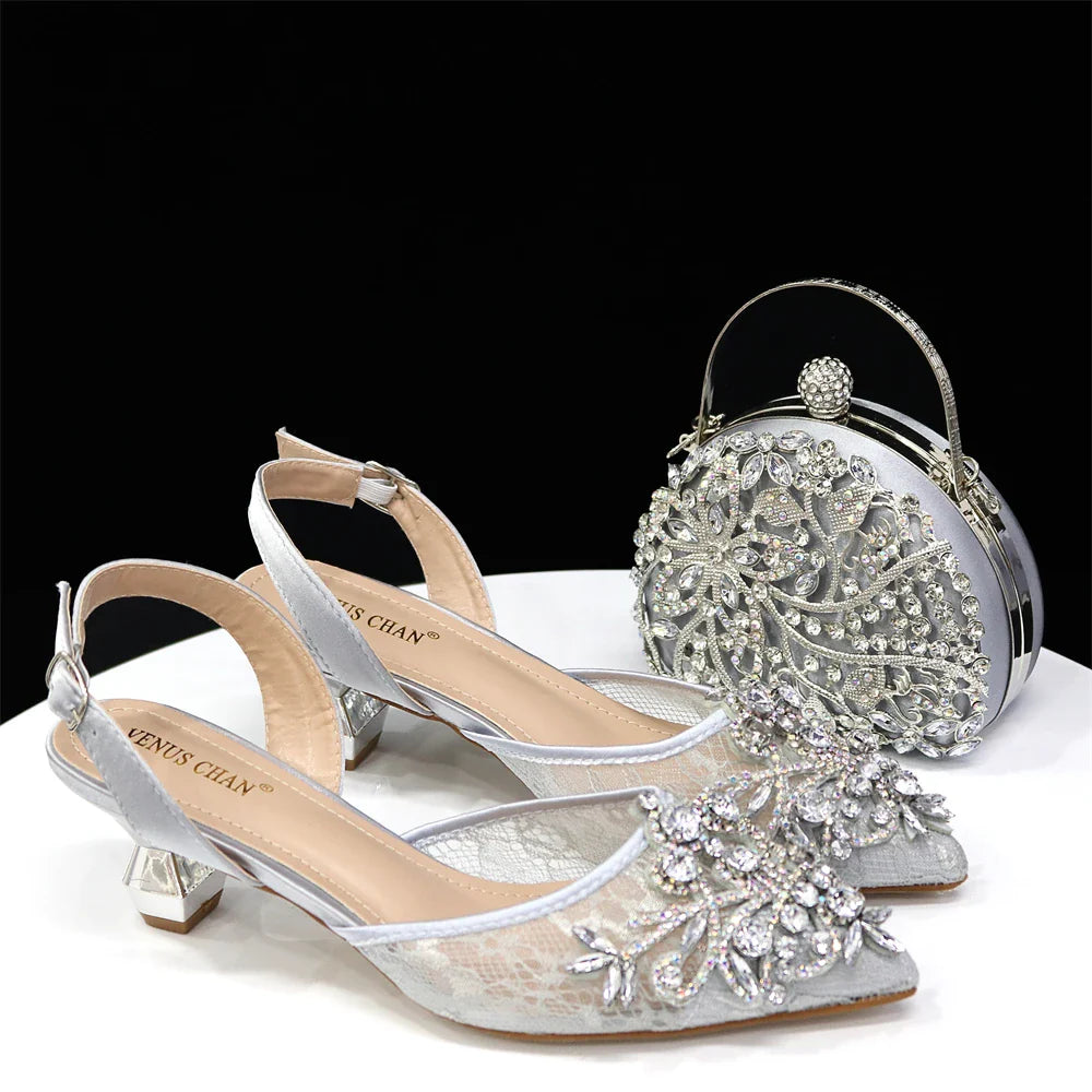 Stylish and comfortable green lace low heel shoes showcasing crystal embellishments, designed for the modern woman.