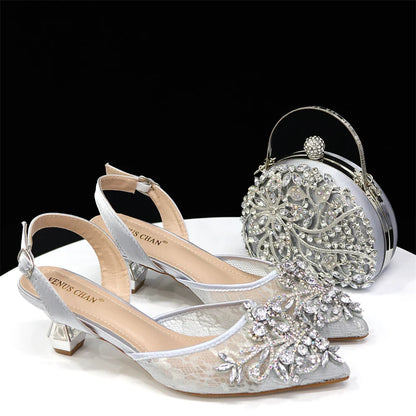 Stylish and comfortable green lace low heel shoes showcasing crystal embellishments, designed for the modern woman.