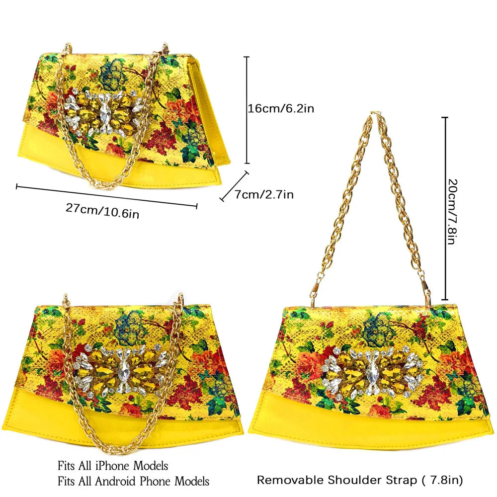 Stylish gold handbag from Venus Chan set, featuring a metal handle, designed to complement the matching sandals for women.