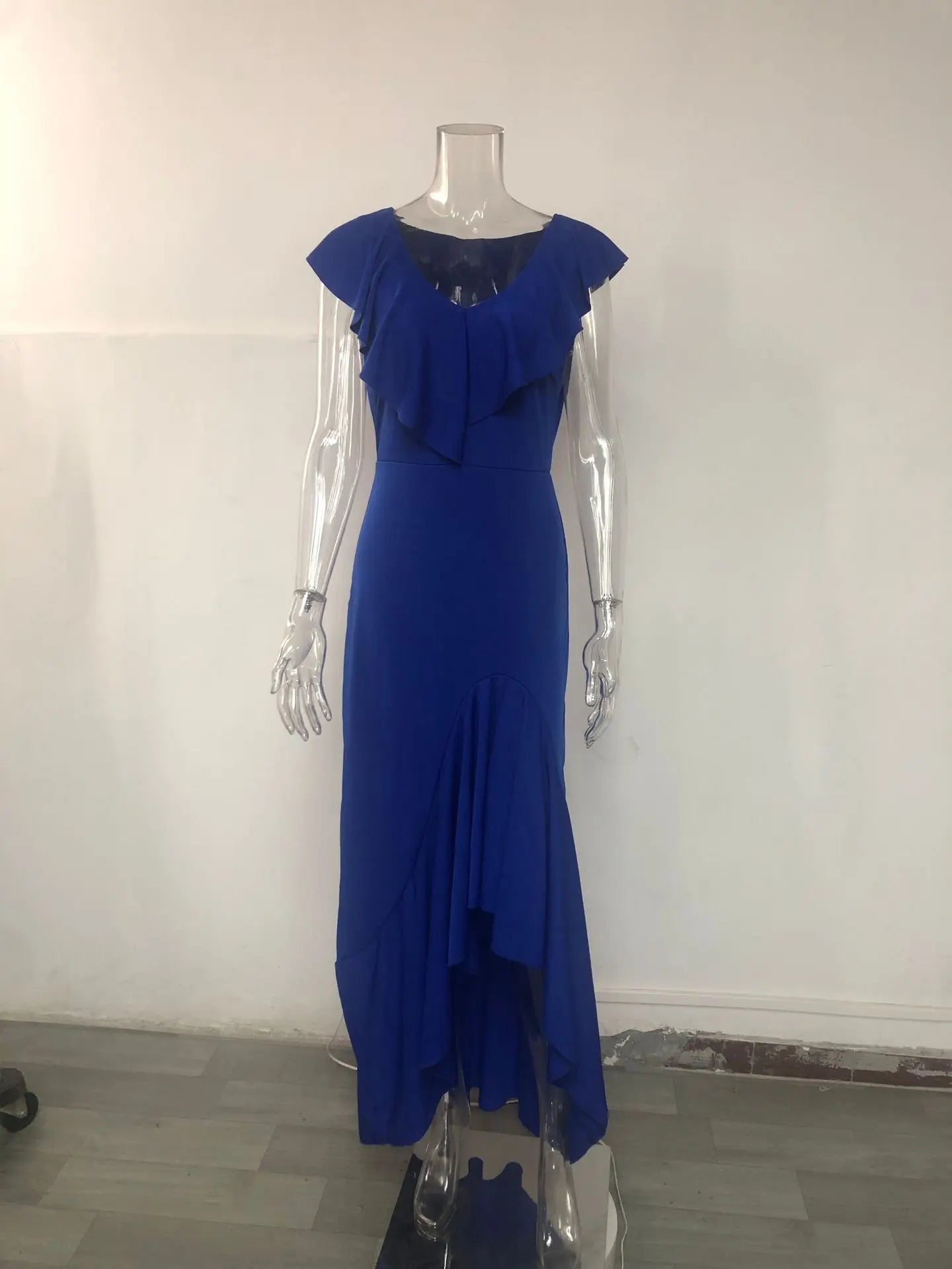 Close-up of the luxurious ruffles on the V Neck Maxi Dress, highlighting the intricate craftsmanship and high-quality polyester fabric.