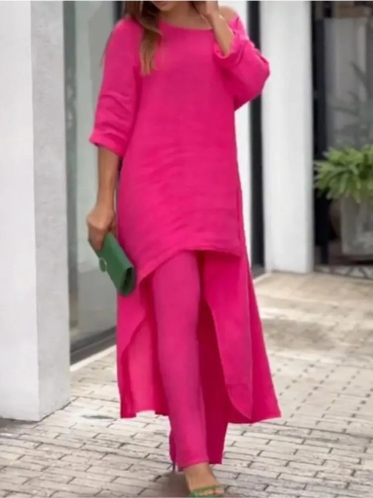 Luxurious women's cotton-linen two-piece set details, showcasing pullover closure and loose fit for ultimate elegance.