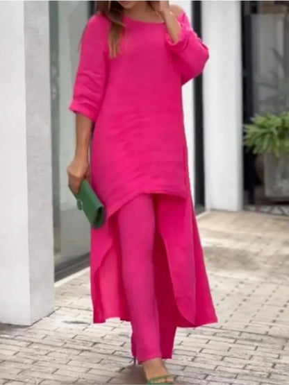 Luxurious women's cotton-linen two-piece set details, showcasing pullover closure and loose fit for ultimate elegance.