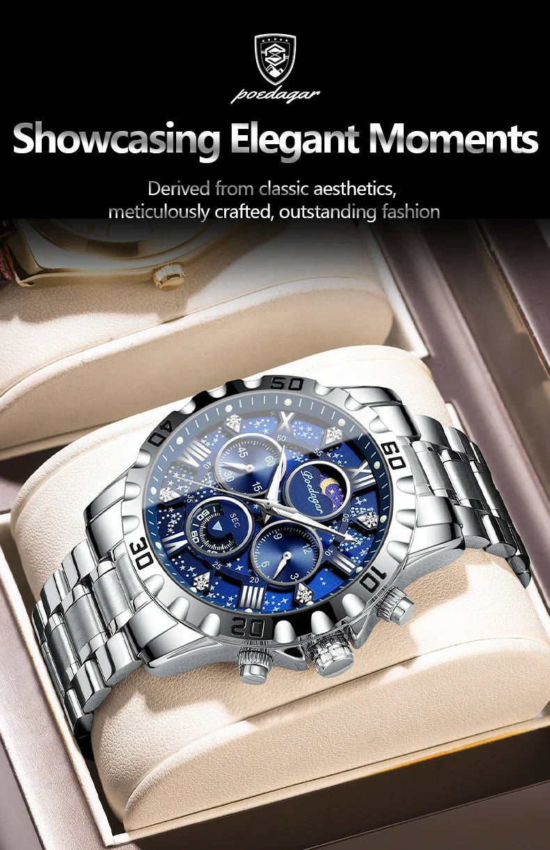 Elegantly designed men's sports watch featuring chronograph functionality and water resistance, perfect for outdoor adventures.