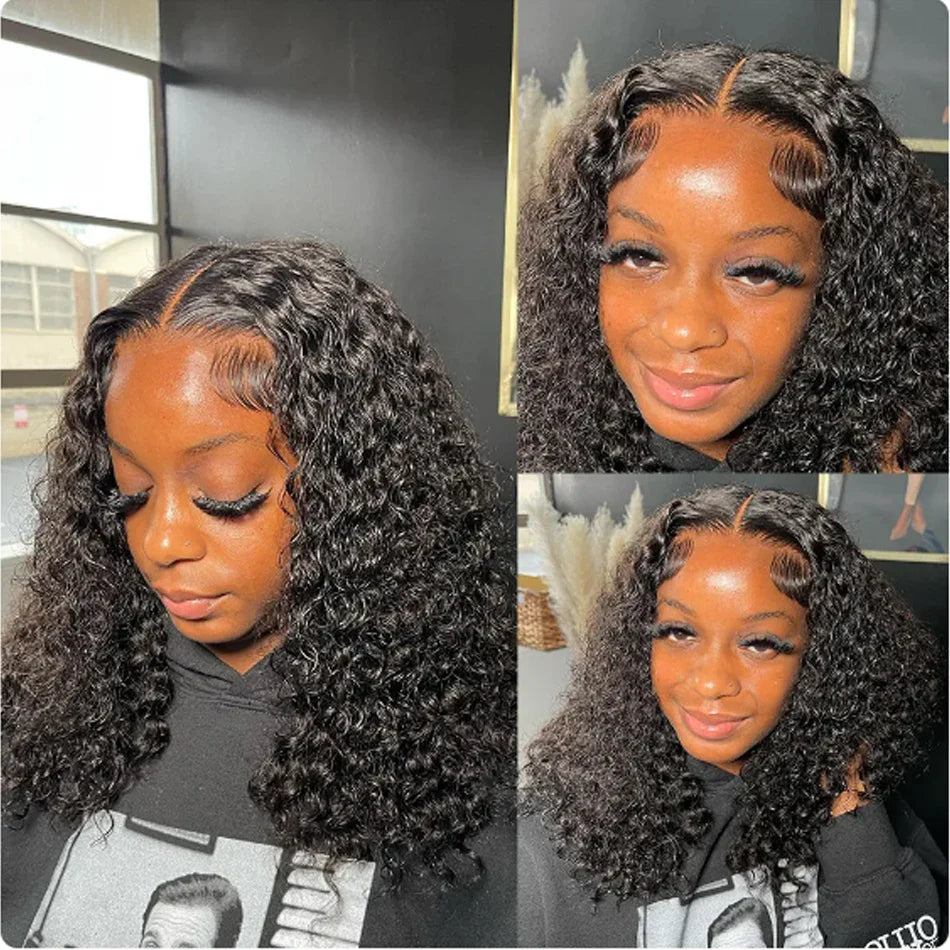 Different angles of the Glueless Water Wave HD Lace Frontal Bob Wig, exhibiting the versatility and beauty of Brazilian Remy hair.