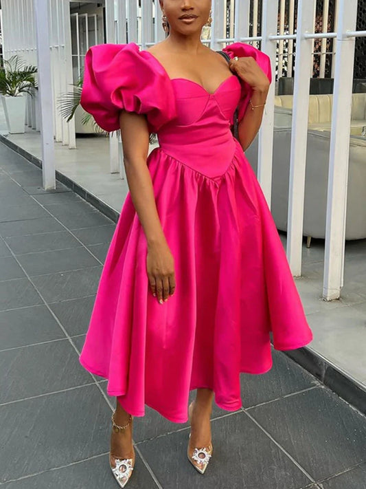 Stylish Women's Elegant Dress in Deep Pink, showcasing a sophisticated A-Line silhouette with Puff Sleeves, ideal for birthday parties and special occasions.