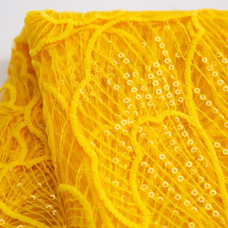 Beautifully detailed sequined lace fabric, designed for high-end Nigerian weddings, crafted from eco-friendly polyester and nylon materials.