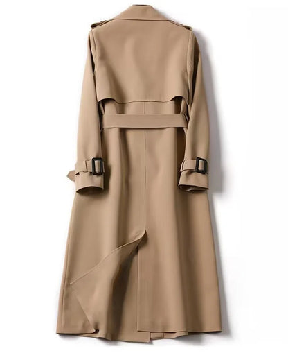 Luxury women's long sleeve double breasted trench coat in solid colour, featuring elegant turn-down collar and functional pockets, perfect for office or streetwear attire.
