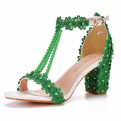 Elegant Luxury Plus Size Women's High Heel Gladiator Sandals featuring intricate lace flowers and shimmering beads, perfect for formal occasions.