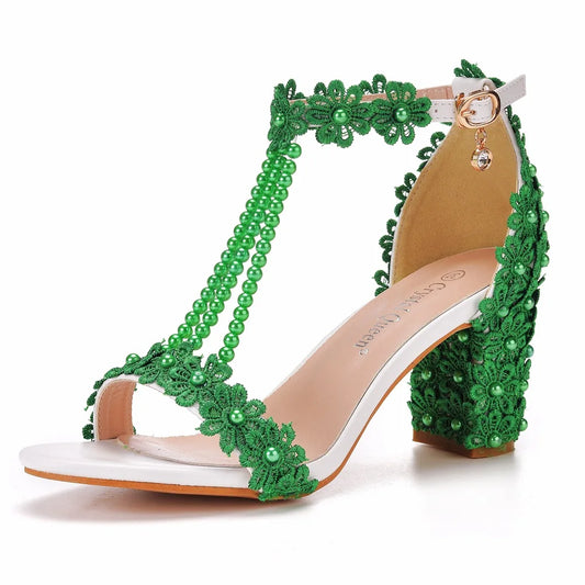 Elegant Luxury Plus Size Women's High Heel Gladiator Sandals featuring intricate lace flowers and shimmering beads, perfect for formal occasions.