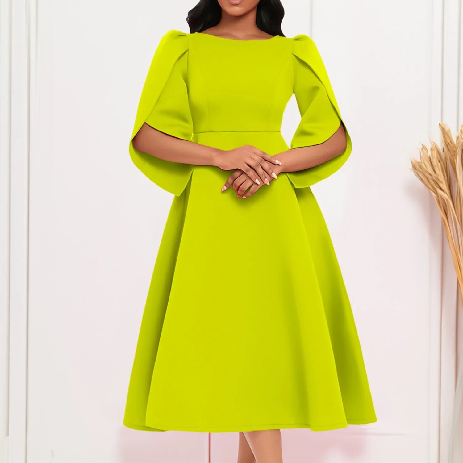 Elegant women's A-Line summer evening dress featuring a round neckline and exquisite three-quarter petal sleeves, perfect for sophisticated occasions.