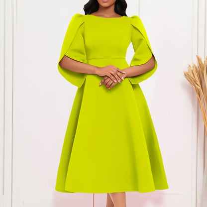 Elegant women's A-Line summer evening dress featuring a round neckline and exquisite three-quarter petal sleeves, perfect for sophisticated occasions.