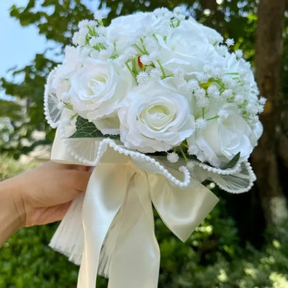 Beautifully crafted silk wedding bouquet with soft babysbreath and romantic roses, highlighted by elegant pearl lace, a stunning choice for bridesmaids.