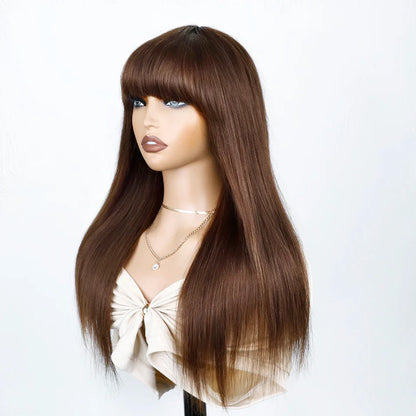 Elegant model wearing a Brazilian straight red burgundy wig with bangs, exemplifying sophistication and beauty for black women.