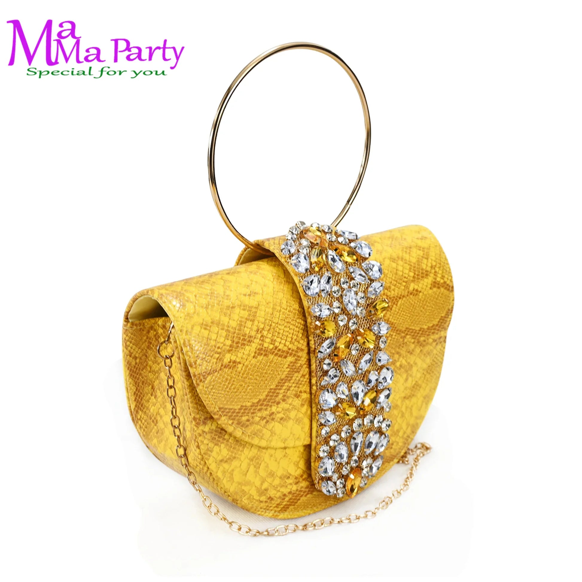 Chic and fashionable yellow women’s slingback mid heels with crystal embellishments, ideal for weddings and elegant events.