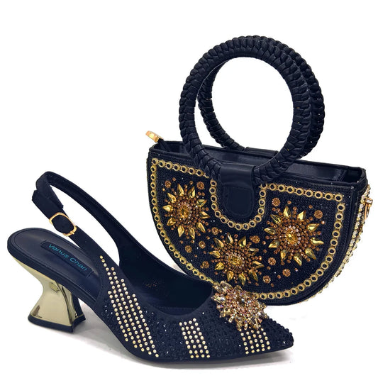 Sophisticated women's bag and shoe set, designed for evening parties, showcasing a stunning metal handle and intricate buckle strap.