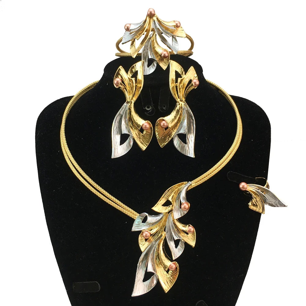 Elegant gold-plated necklace from a luxury Brazilian colorful jewelry set featuring intricate floral design, perfect for women.