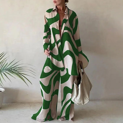 Elegant women's two-piece casual set featuring a long sleeve lapel top and wide leg trousers, adorned with a sophisticated printed design, perfect for stylish spring and summer outings.