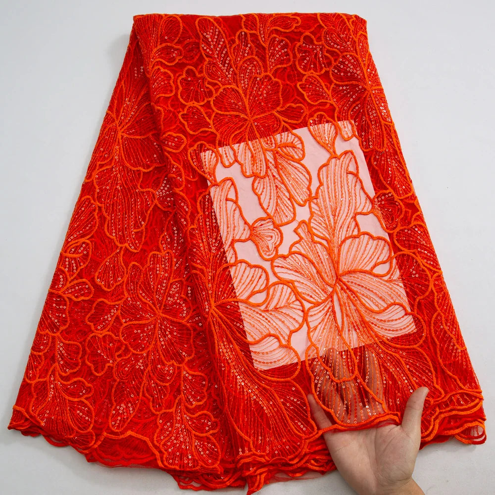 Charming embroidered lace fabric with sequins, perfect for couture bridal dresses, offered in a generous 51-52 inch width for added design versatility.