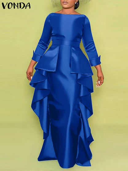 Stunning close-up of the satin ruffle detailing on the Plus Size Bohemian Maxi Dress by VONDA, showcasing its high-quality craftsmanship and luxurious fabric.