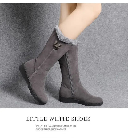 Elegant khaki chunky faux suede mid-calf boots featuring plush lining and stylish side zip for the modern woman.